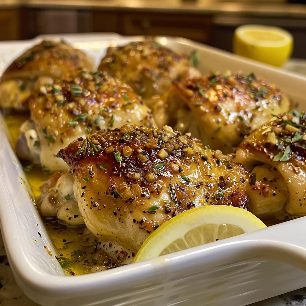 Side view of succulent baked chicken with golden honey mustard glaze and lemon wedges.