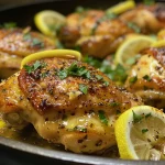 Close-up of juicy Baked Lemon Butter Chicken on a plate with garnish.