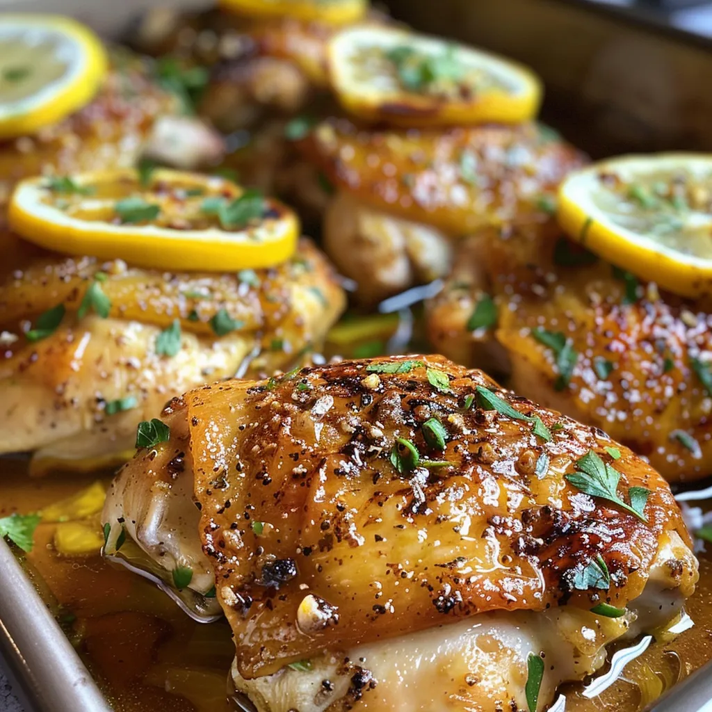 Side view of tender chicken breasts drizzled with lemon butter sauce.