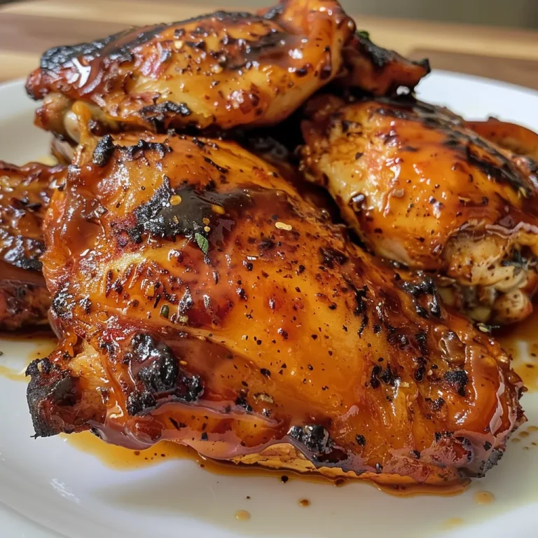 Close-up view of juicy BBQ chicken thighs cooked in an air fryer, coated in rich sauce.