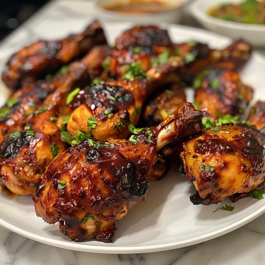 Side profile of tender BBQ chicken, highlighting its glistening, sticky texture.