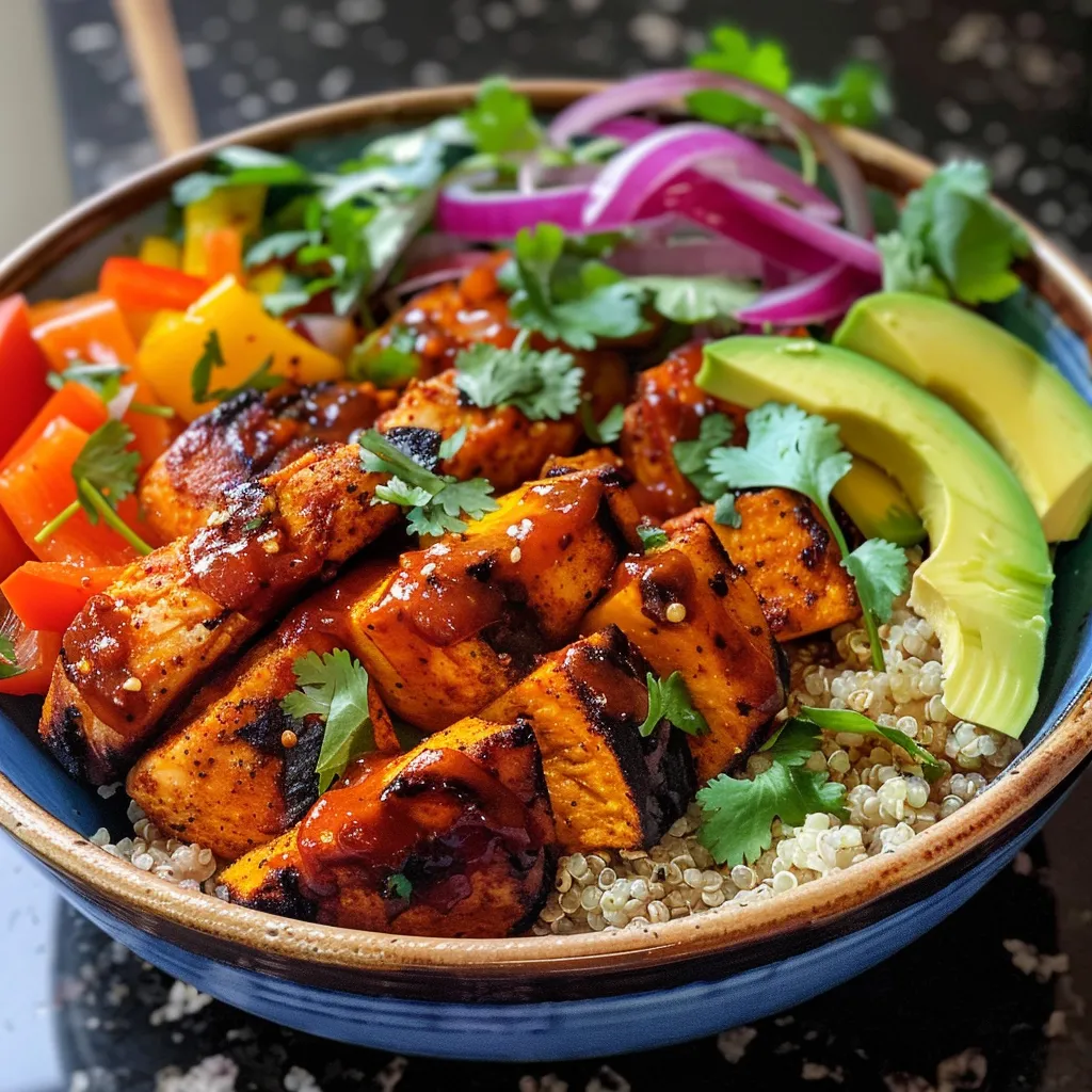 Side view of a delicious BBQ Chicken Bowl with vibrant vegetables and quinoa.