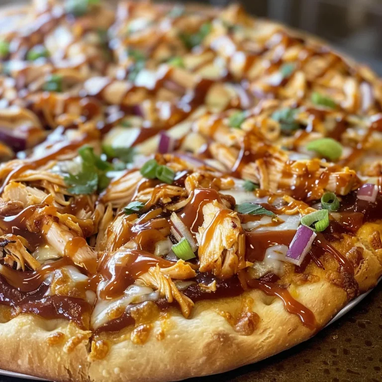 Close-up of a BBQ Chicken Pizza with a golden crust and melted cheese.