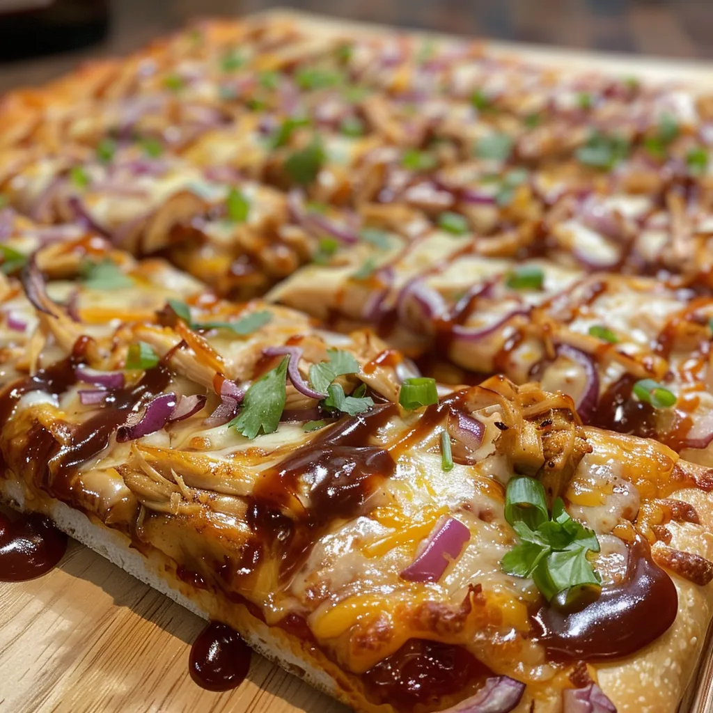 Side view of a BBQ Chicken Pizza, showcasing shredded chicken and vibrant toppings.