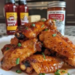 Crispy chicken wings drizzled with hot honey, arranged on a plate.