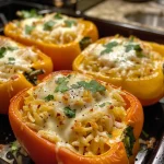 Close-up side view of cheesy Alfredo stuffed bell peppers topped with melted mozzarella.