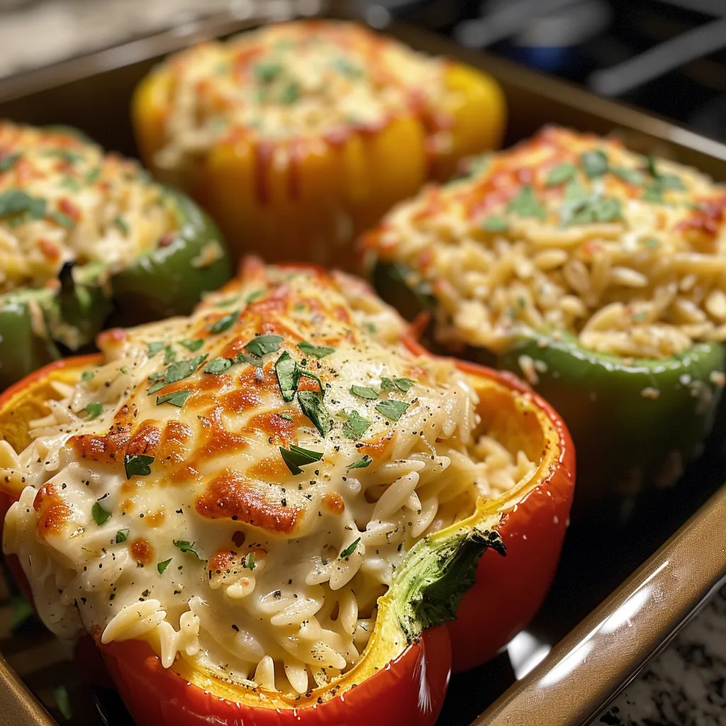 Juicy stuffed bell peppers filled with orzo and chicken, coated in Alfredo sauce.