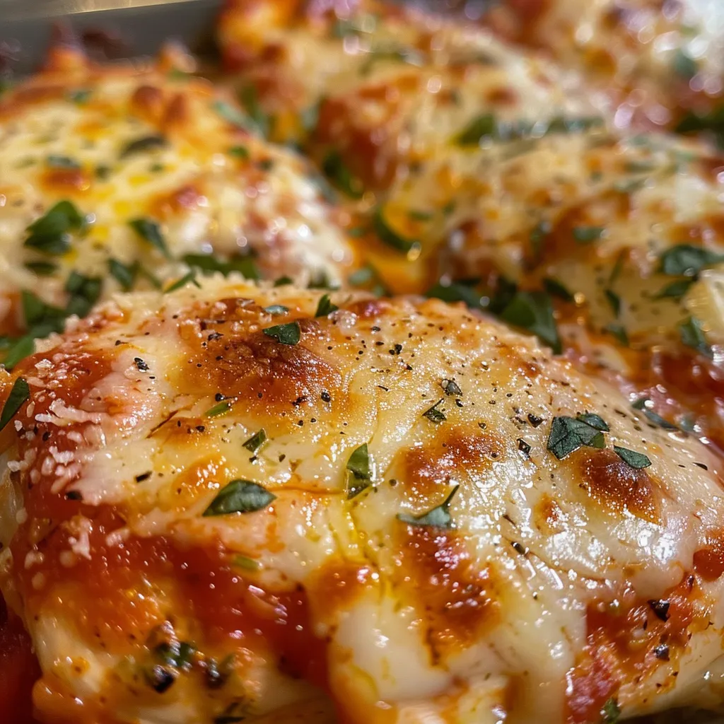 Side perspective of a delicious cheesy mozzarella chicken bake, highlighting layers of cheese and sauce.
