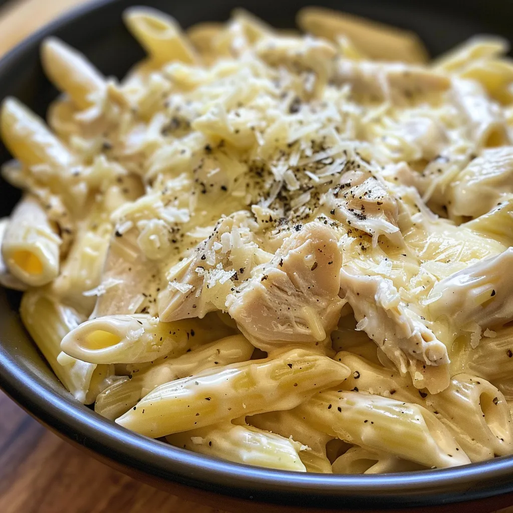 Close-up view of a serving of Chicken Alfredo featuring creamy sauce and tender chicken.