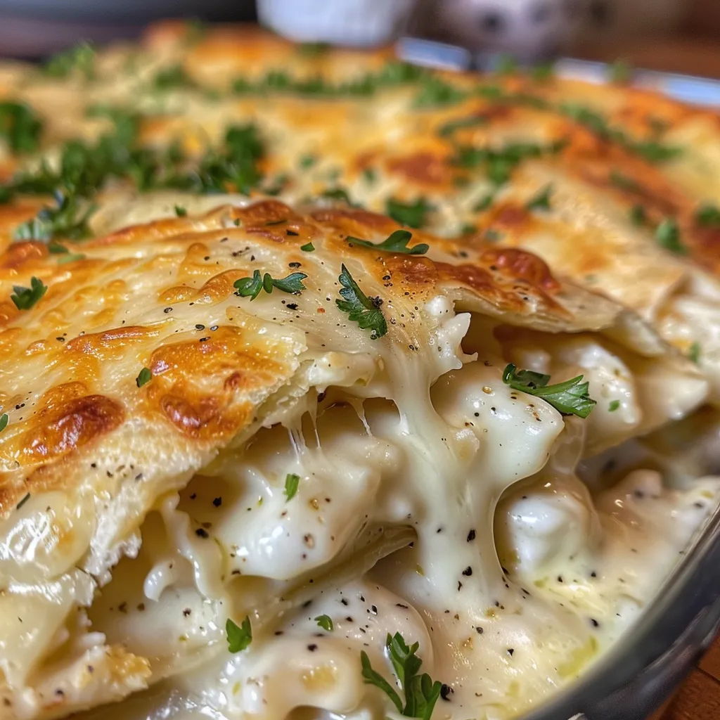 Side view of a golden-brown Chicken Alfredo Quesadilla Casserole with visible layers of ingredients.