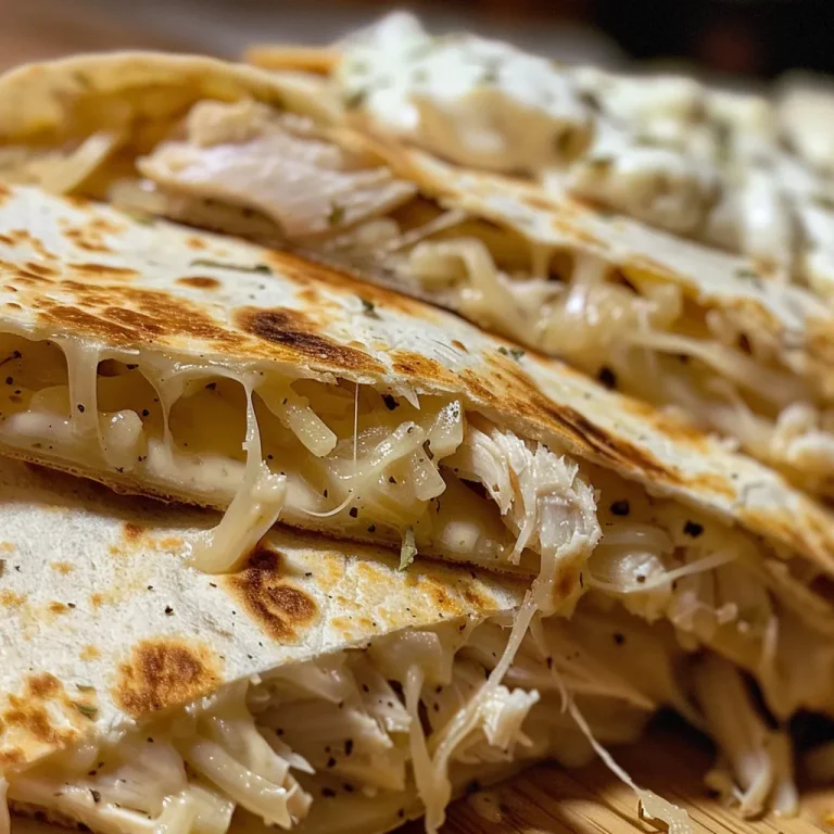 Close-up of a juicy Chicken Alfredo Quesadilla, showing melted cheese and diced chicken.