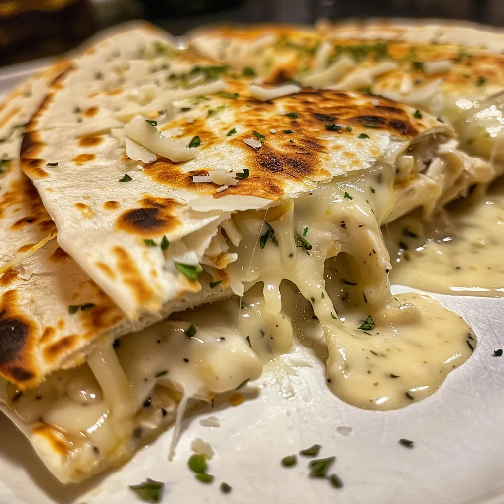 Side view of a Chicken Alfredo Quesadilla, highlighting the golden crust and filling ingredients.
