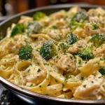 Close-up of Chicken and Broccoli Alfredo with fettuccine pasta.