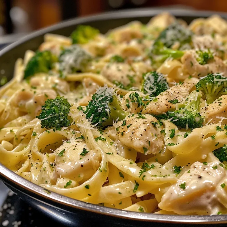 A Creamy Chicken and Broccoli Alfredo That Feels Like Home Close-up of Chicken and Broccoli Alfredo with fettuccine pasta.