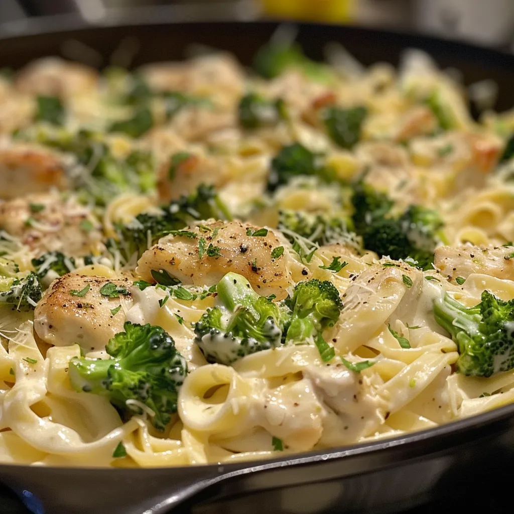 Side view of a creamy Chicken and Broccoli Alfredo dish featuring tender chicken and broccoli.