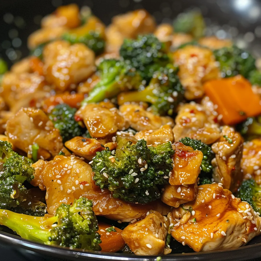 Side view of a delicious Chicken and Broccoli Stir Fry with colorful ingredients.