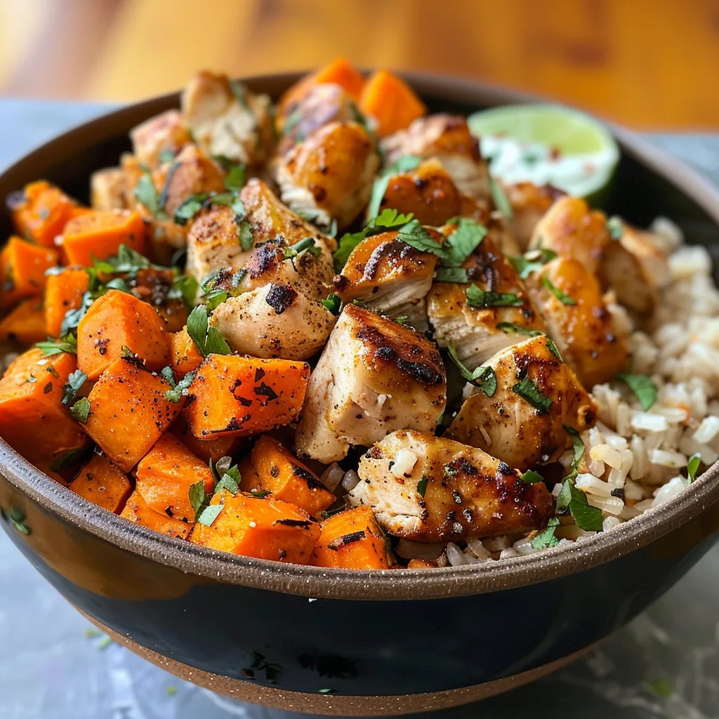 Side view of a delicious Chicken and Sweet Potato Bowl with rice, chicken, and yogurt drizzle.