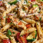 Close-up view of a colorful chicken and vegetable pasta dish in a bowl.
