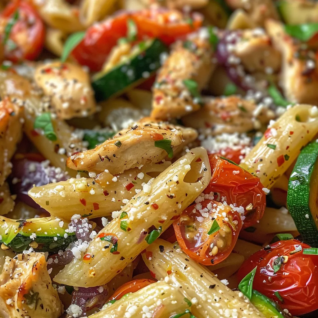Side view of delicious chicken and vegetable pasta with vibrant ingredients.