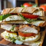 Close-up view of a Chicken Caprese Sandwich with layers of chicken, mozzarella, and fresh basil.