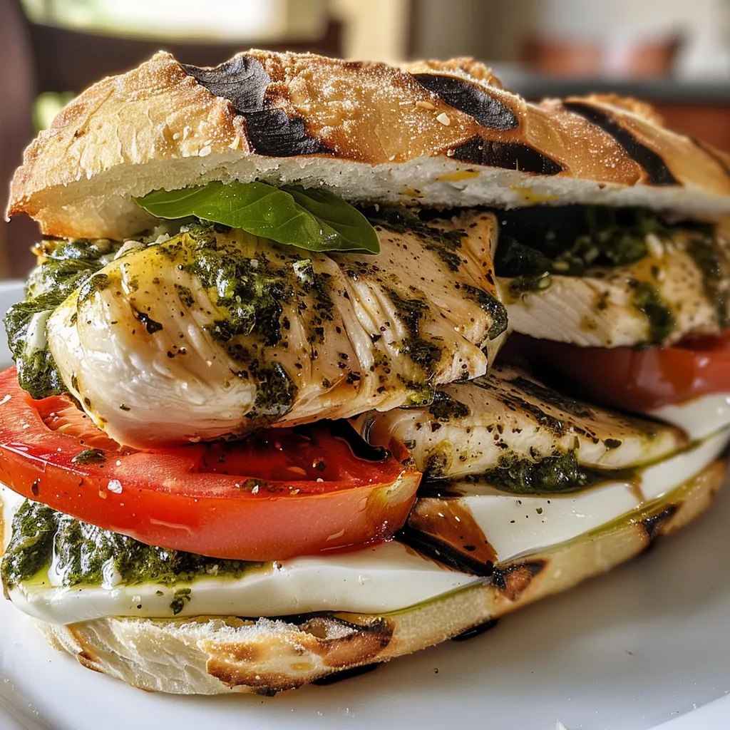 Side view of a delicious Chicken Caprese Sandwich showcasing juicy chicken and fresh ingredients.