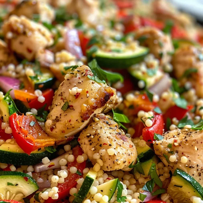 Close-up view of a vibrant Chicken Couscous dish featuring diced chicken, vegetables, and couscous.