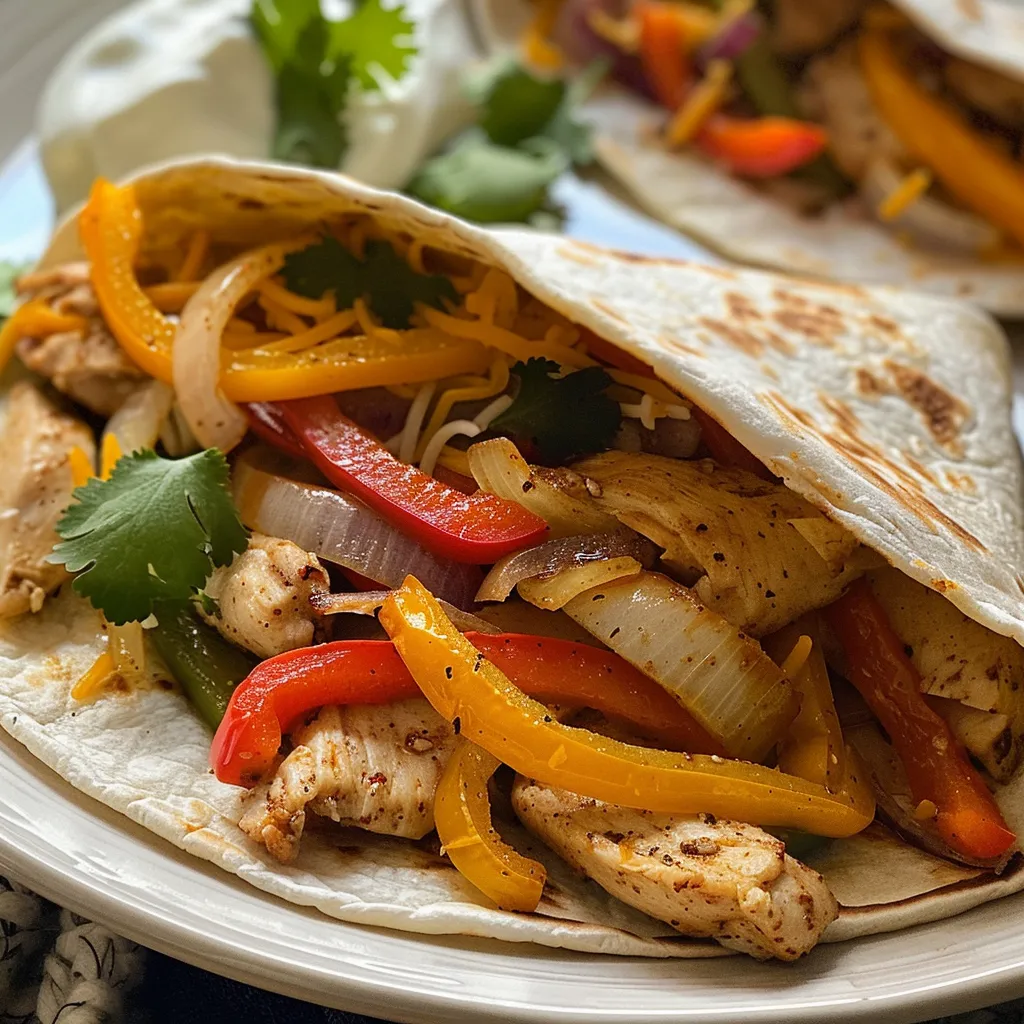 Side angle shot of a juicy Chicken Fajitas Wrap showcasing vibrant ingredients and tortillas.