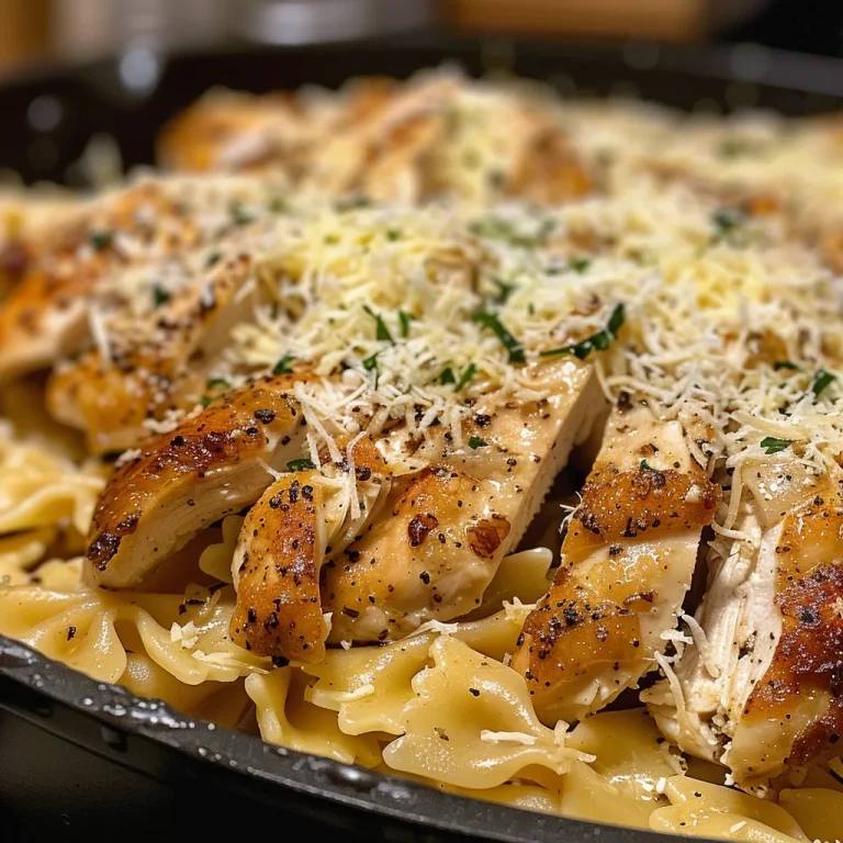 Close-up of a creamy Chicken Garlic Parmesan Pasta with chicken pieces and herbs.