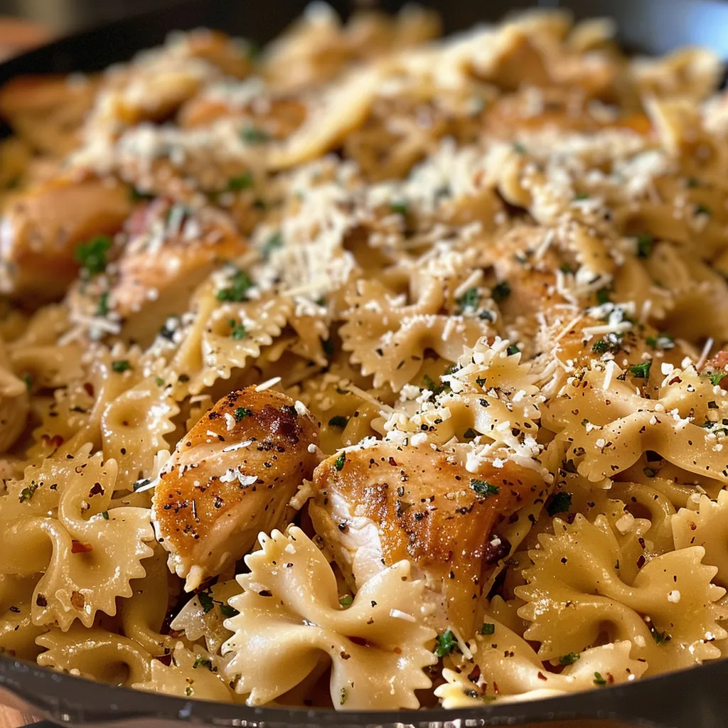 Side view of Chicken Garlic Parmesan Pasta showing the rich sauce and pasta.