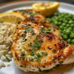 Close-up view of juicy chicken pieces coated in lemon butter sauce.