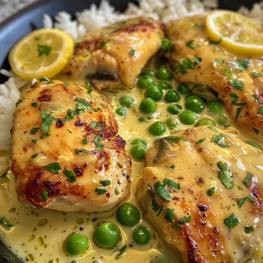 Side view of succulent chicken in a glossy lemon butter sauce.