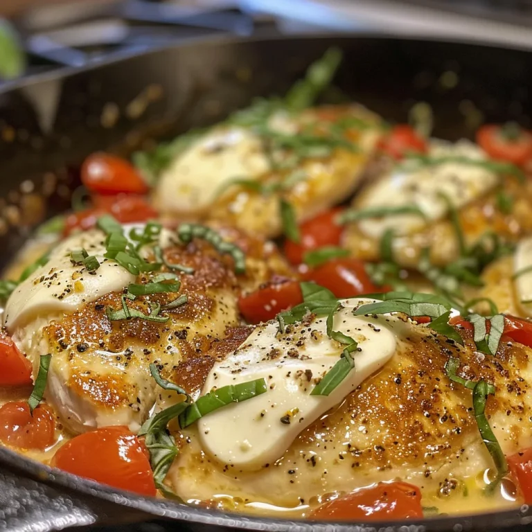 Close-up side view of a Chicken Mozzarella Skillet with melted cheese and herbs.