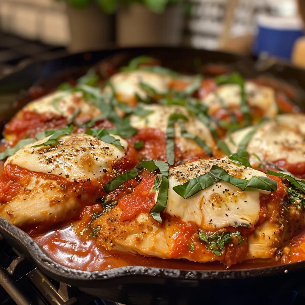Juicy chicken cutlets topped with buffalo mozzarella in a skillet, garnished with basil.