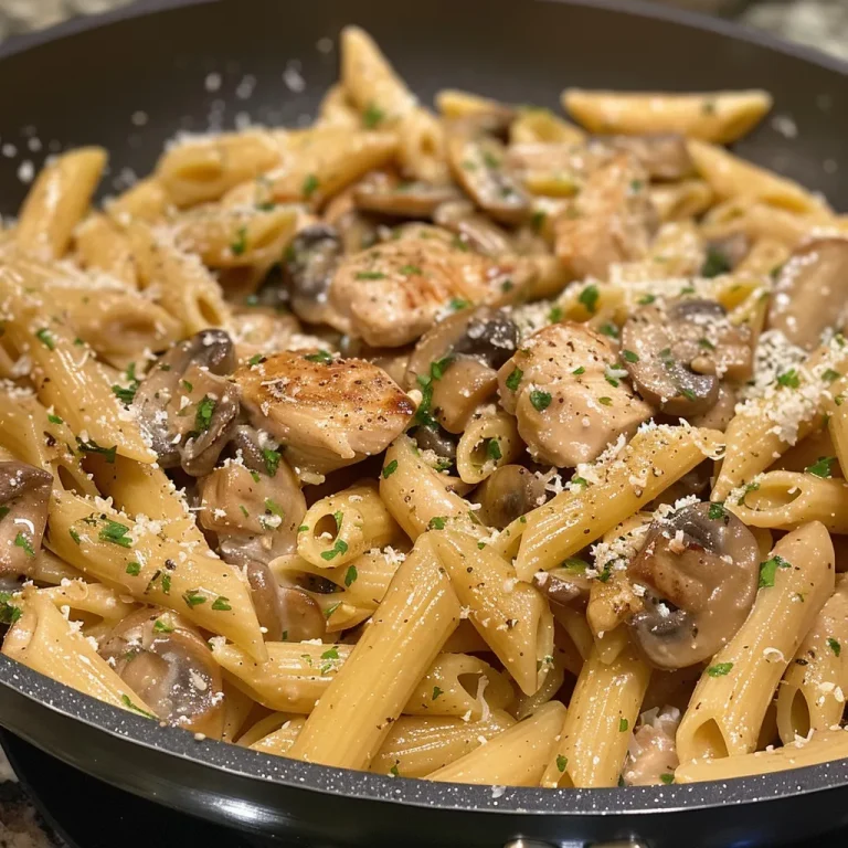A close-up side view of creamy Chicken and Mushroom Pasta with penne noodles.