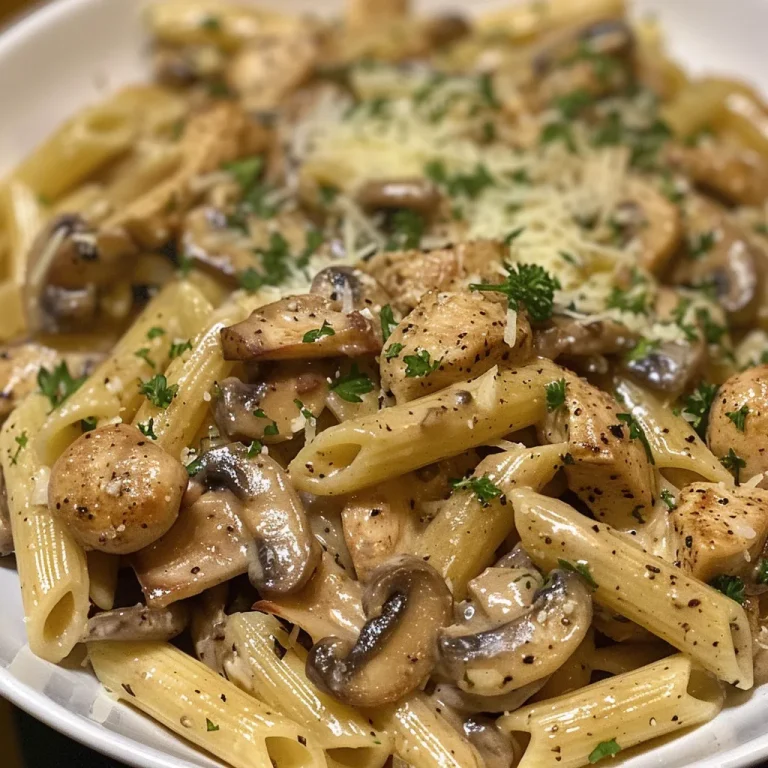 A close-up view of creamy chicken and mushroom pasta, featuring penne noodles, chunks of chicken, and mushrooms in a rich sauce.
