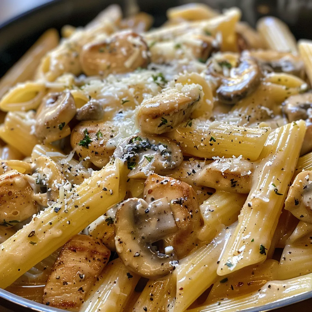Juicy Chicken and Mushroom Pasta in a rich cream sauce, displayed from a side angle.