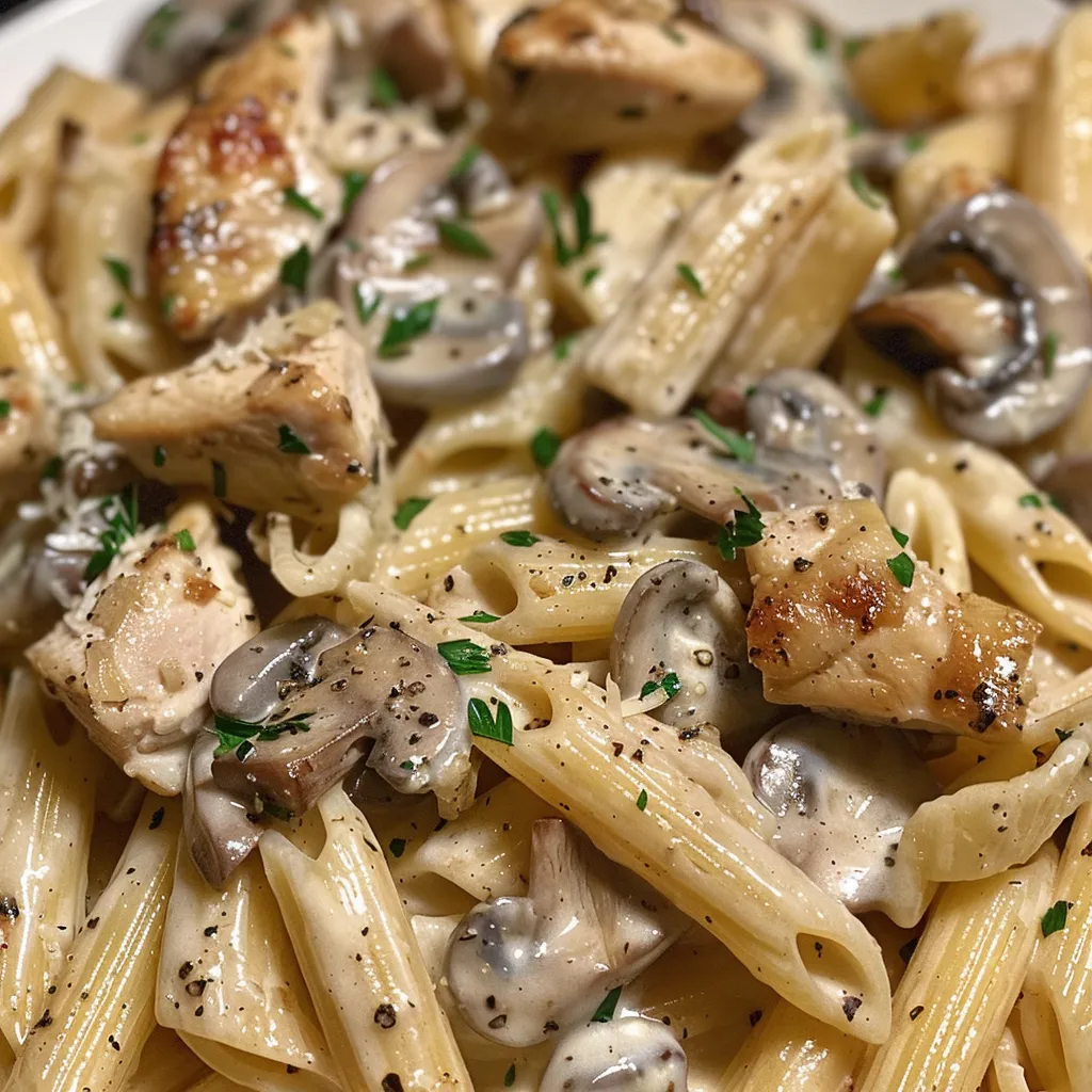 A side shot of a delicious chicken and mushroom pasta dish with a glossy cream sauce and sprinkled parmesan cheese.