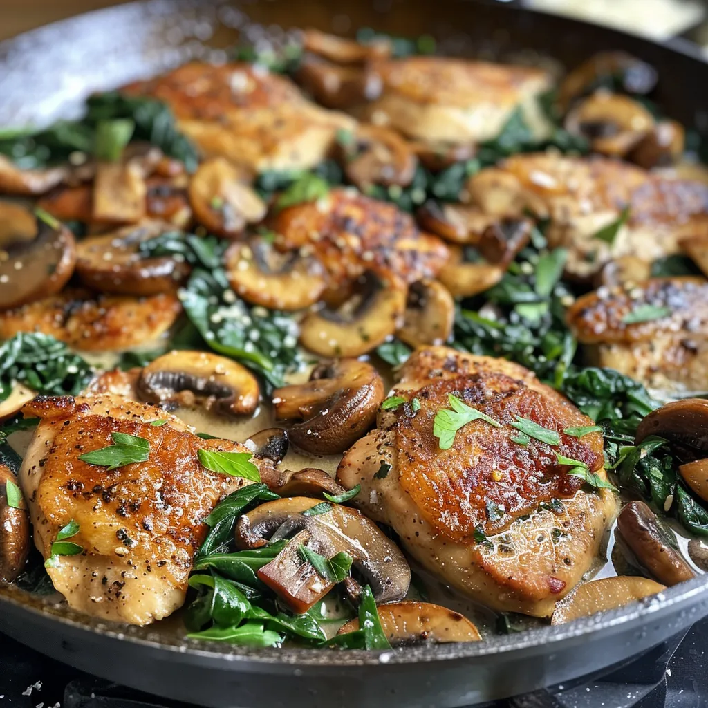 Side view of a colorful Chicken Mushroom Spinach dish featuring tender chicken and vibrant greens.