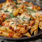 Close-up view of a plate of Chicken Parmesan Pasta with melted cheese on top.