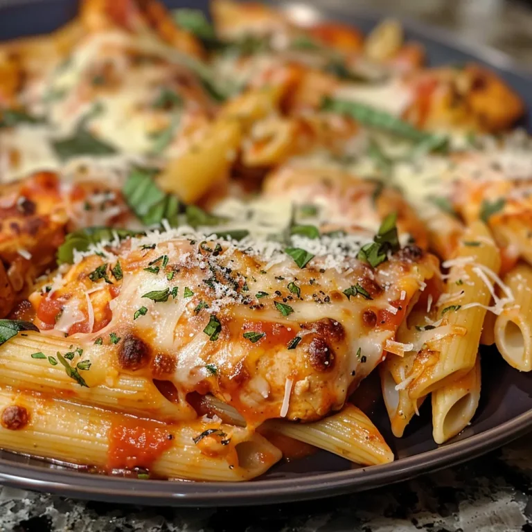 A Heartwarming Chicken Parmesan Pasta That Feels Like Home Close-up view of a plate of Chicken Parmesan Pasta with melted cheese on top.