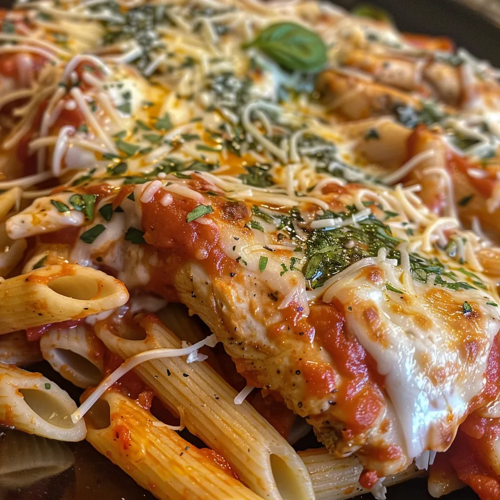 Side angle of Chicken Parmesan Pasta showcasing juicy chicken, marinara sauce, and cheese.