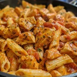 Close-up side view of a bowl of chicken pasta in creamy tomato sauce.