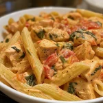 Close-up view of creamy tomato sauce chicken pasta with visible chunks of chicken and herbs.