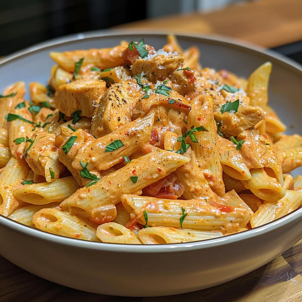 Delicious chicken pasta served in a rich creamy tomato sauce, garnished with herbs.