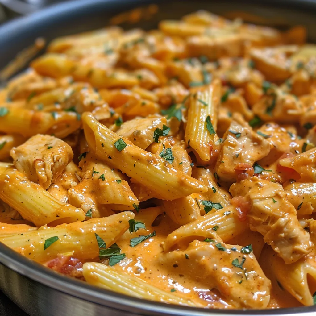 Juicy chicken pasta coated in a rich tomato cream sauce, garnished with spices.