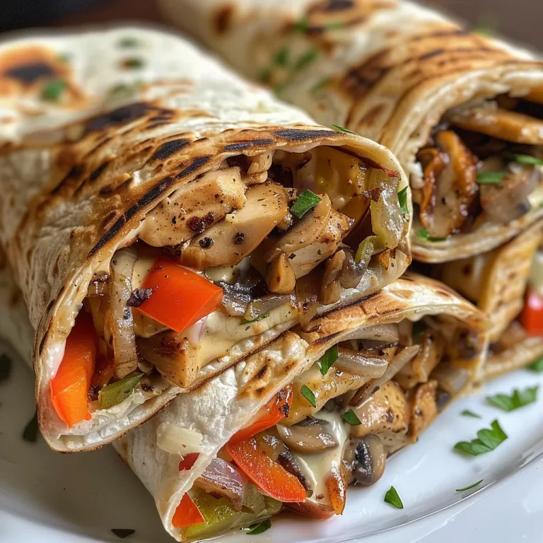 A close-up side view of juicy Chicken Philly Cheesesteak Wraps filled with colorful vegetables and melted cheese.