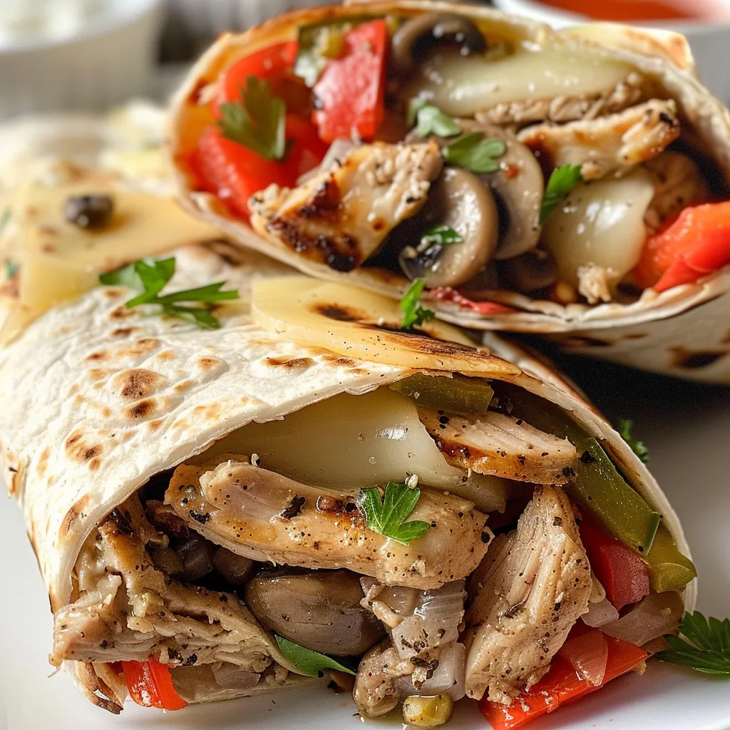 A vibrant Chicken Philly Cheesesteak Wrap showcasing sliced chicken, peppers, and provolone cheese rolled in a tortilla.