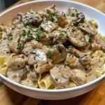 Close-up of a creamy Chicken Stroganoff served in a bowl with mushrooms and herbs.
