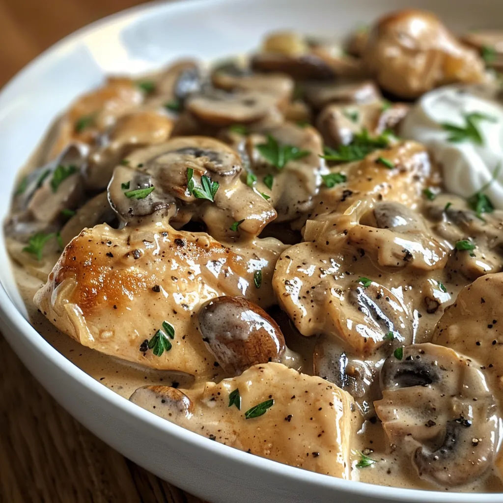 Side view of Chicken Stroganoff, showcasing tender chicken and a rich sauce over pasta.