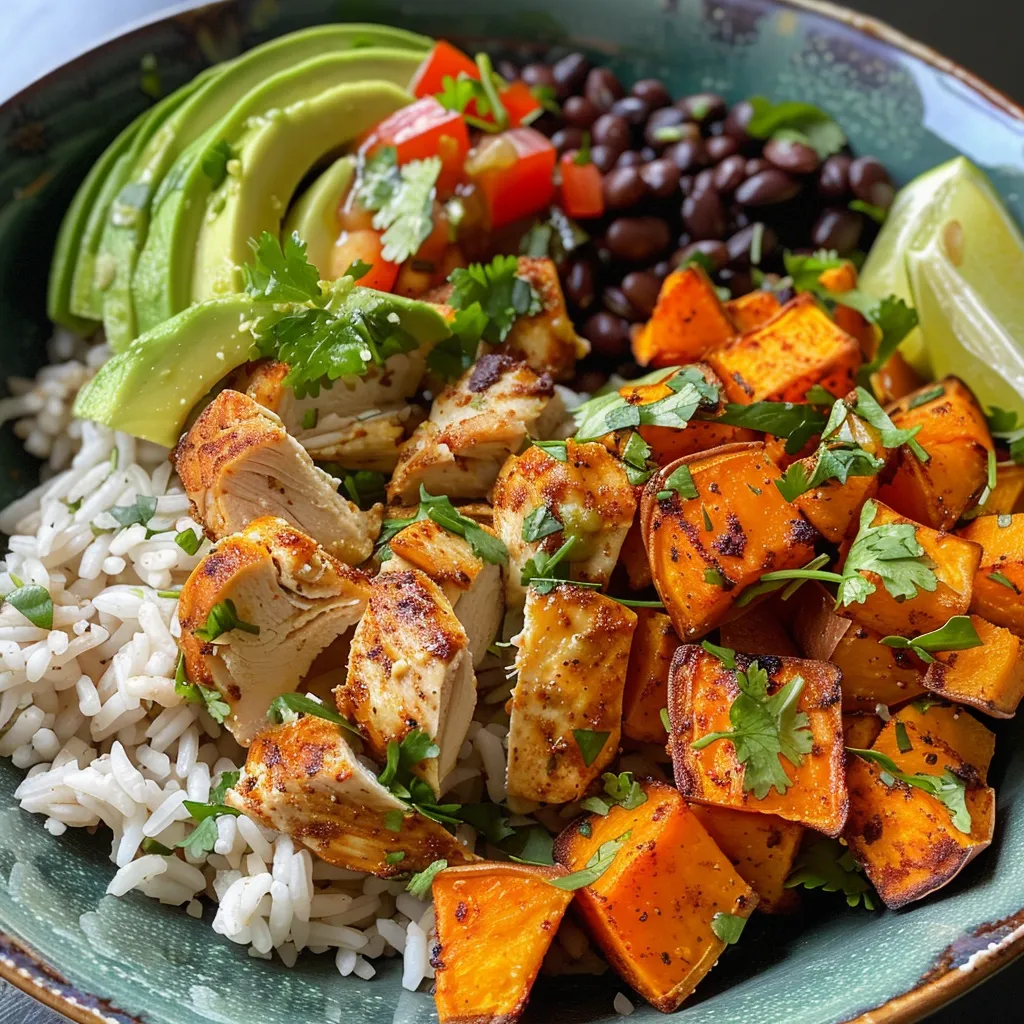 A delicious Chicken Sweet Potato Rice Bowl with diced chicken, sweet potatoes, and fresh avocado.